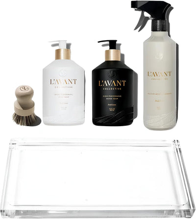 L'AVANT Collective Luxury Home Essentials Bundle | High Performing Dish Soap, Hand Soap, Multipurpose Cleaner Spray, Scrub Brush, Lucite Tray | Luxurious Ingredients Reusable Bottles (Fresh Linen)