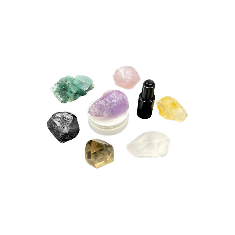 Van Dang Crystal Stone Meditation Set 7-Crystals Limited Edition | Diffuser Oil Aromatherapy | Luxury Spiritual Home Decor Gift Amethyst, Citrine, Flourite, Tourmaline, Smoky, Clear, & Rose Quartz