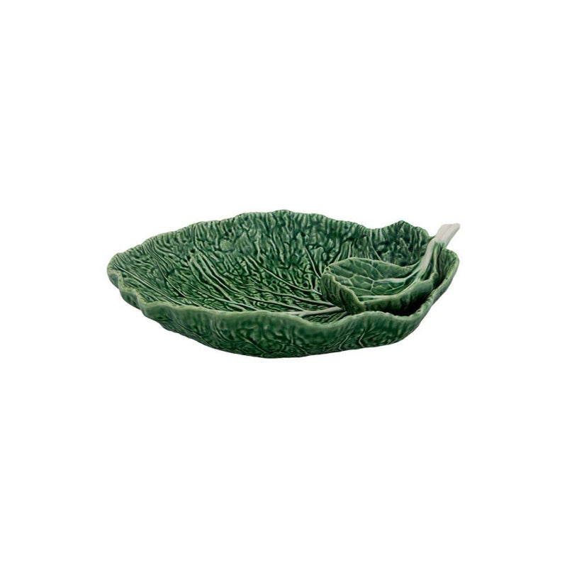 Bordallo Pinheiro Green Cabbage Large Serving Bowl with Leaf Dip Earthenware Handcrafted Portuguese Tableware Serving Platter Main Course Dining Salad Pasta Entrée Dish Centerpiece 12"W 14"L