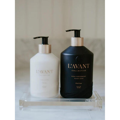 L'AVANT Collective Deluxe Hand Soap & Lotion Bundle with Luxurious Lucite Tray – Hydrating Shea Butter, Softening Hand Wash in Reusable Glass Bottles - Fresh Linen Scent Kitchen Hostess Gifts