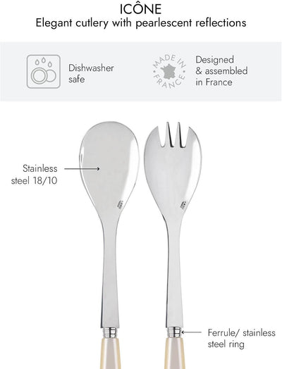 2-Piece Salad Servers 10.2 inches - Icône Collection - Stainless Steel & Acrylic - Dishwasher Safe - Pearly White