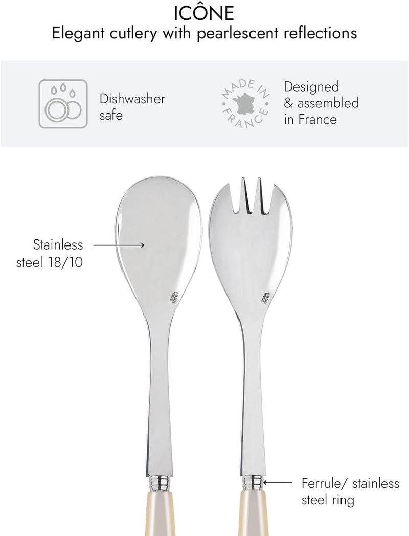 2-Piece Salad Servers 10.2 inches - Icône Collection - Stainless Steel & Acrylic - Dishwasher Safe - Pearly White