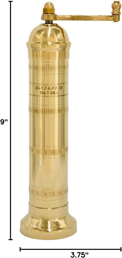 The Original Greek Salt Mill 9 Inch Tall | European Salt Mill Grinder with Crank Handle | Manual Salt Grinder | Salt Refillable - Brass