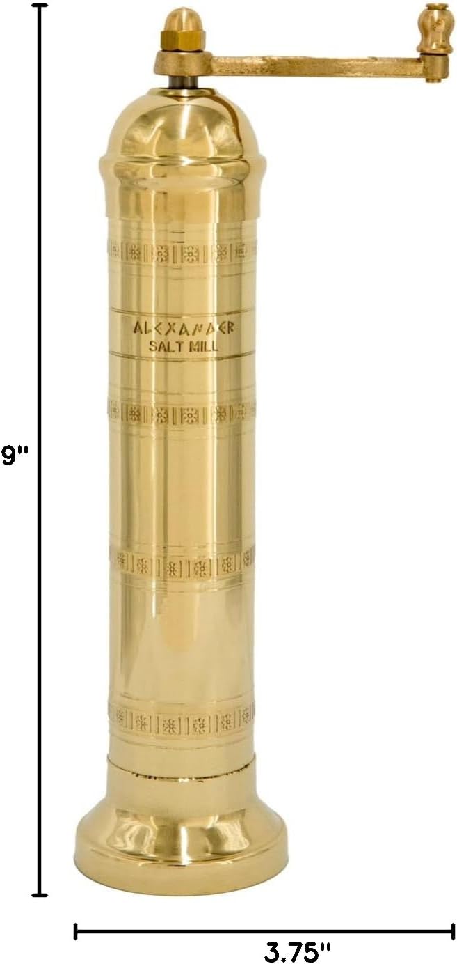 The Original Greek Salt Mill 9 Inch Tall | European Salt Mill Grinder with Crank Handle | Manual Salt Grinder | Salt Refillable - Brass