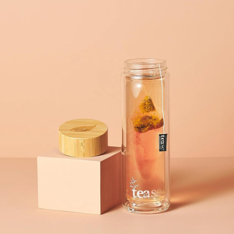 Tease Tea Glass & Bamboo Tea Tumbler 3 in 1 Versatile Infuser to Brew Tea, Coffee, Fruit Water Infused Drinks Mocktails, Includes Neoprene Sleeve Handle, Bamboo Lid, Airtight Leak-Proof 450ml (Bluebell)