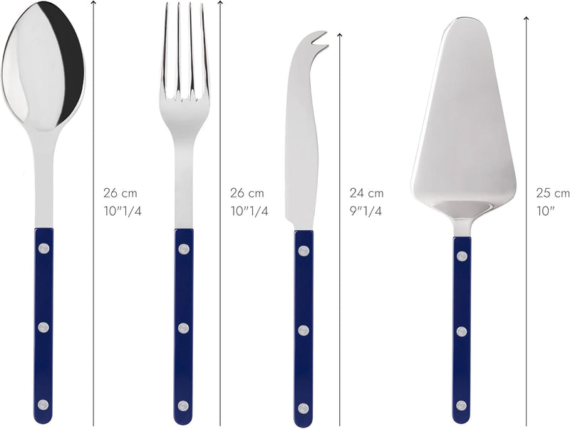 4-Piece Serving Set - Bistrot Collection - 2 Serving Flatware, Serrated Pie Server, Large Cheese Knife - Stainless Steel & Nylon - Dishwasher Safe - Navy Blue - Brilliant Finish