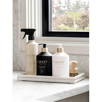 L'AVANT Collective Luxury Sink-Side Starter Bundle Includes Lucite Vanity Tray, Hand & Dish Soap, Hand Lotion in Reusable Glass Bottles & Bamboo Dish Scrubber Kitchen Hostess Gifts (Fresh Linen)