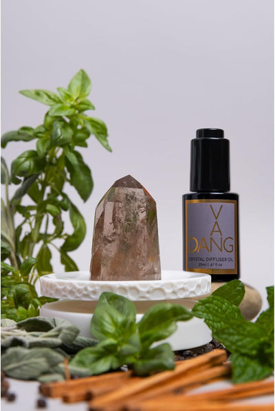 Van Dang Crystal Stone Meditation Set Smoky Quartz | Diffuser Oil Dropper Aromatherapy | Luxury Spiritual Home Decor Fragrance Gift Notes of Lavandin Nutmeg Tobacco Suede Vanilla (Night Harvest)