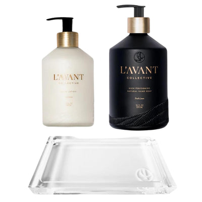 L'AVANT Collective Deluxe Hand Soap & Lotion Bundle with Luxurious Lucite Tray – Hydrating Shea Butter, Softening Hand Wash in Reusable Glass Bottles - Fresh Linen Scent Kitchen Hostess Gifts