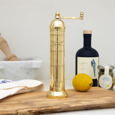 The Original Greek Salt Mill 9 Inch Tall | European Salt Mill Grinder with Crank Handle | Manual Salt Grinder | Salt Refillable - Brass