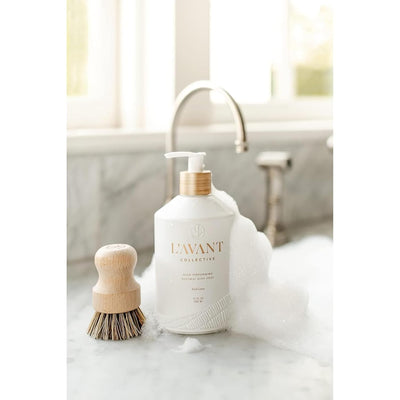 L'AVANT Collective Luxury Sink-Side Starter Bundle Includes Lucite Vanity Tray, Hand & Dish Soap, Hand Lotion in Reusable Glass Bottles & Bamboo Dish Scrubber Kitchen Hostess Gifts (Fresh Linen)