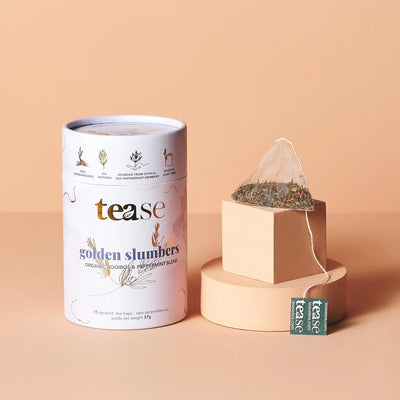 Tease Tea Organic Tea Tube Gift Set | 15 Piece Botanical Pyramid Tea Bag Infuser Sachets Loose Leaf Support Citrusy Blend with Rooibos, Peppermint, Valerian Root Caffeine Free 37g (Golden Slumbers)