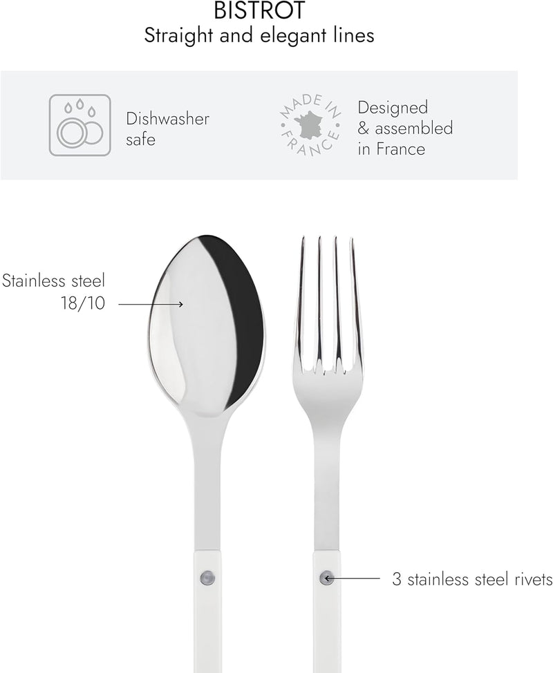 2-Piece Serving Set - Bistrot Collection - Large Fork & Large Spoon - Stainless Steel & Nylon - Dishwasher Safe - White - Brilliant Finish