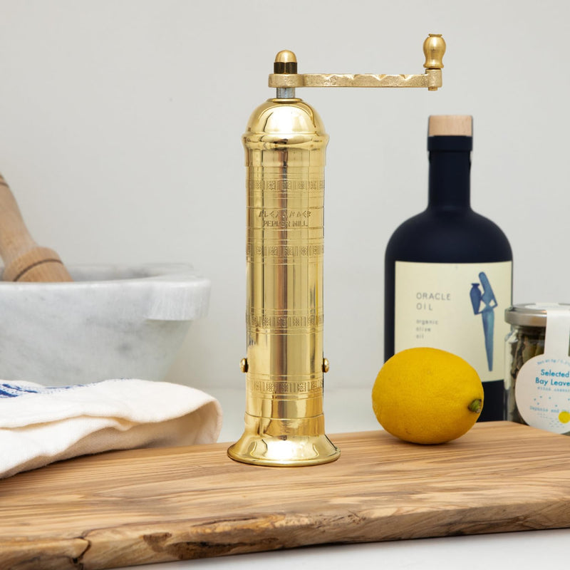 The Original Greek Pepper Mill 8 Inch Tall | European Pepper Mill Grinder with Crank Handle | Manual Pepper Grinder | Peppercorns Refillable - Brass