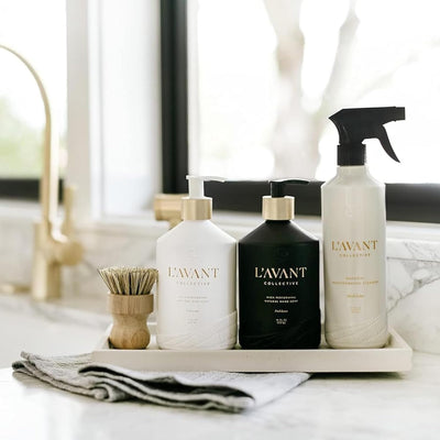 L'AVANT Collective Luxury Sink-Side Starter Bundle Includes Lucite Vanity Tray, Hand & Dish Soap, Hand Lotion in Reusable Glass Bottles & Bamboo Dish Scrubber Kitchen Hostess Gifts (Fresh Linen)