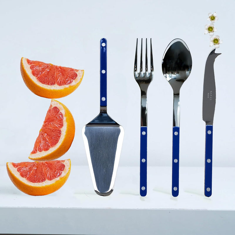 4-Piece Serving Set - Bistrot Collection - 2 Serving Flatware, Serrated Pie Server, Large Cheese Knife - Stainless Steel & Nylon - Dishwasher Safe - Navy Blue - Brilliant Finish