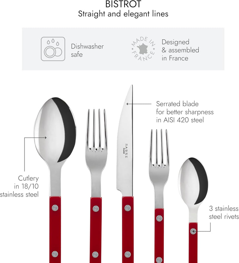 20-Piece Flatware Set for 4 - Bistrot Collection - Knife, Fork, Soup Spoon, Teaspoon & Dessert Fork - Stainless Steel & Nylon - Dishwasher Safe - Burgundy - Shiny Finish