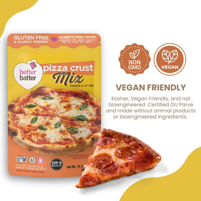 Better Batter Pizza Crust Mix | Certified Kosher, Vegan & Gluten Free Mix for Baking Top 8 Allergen-Free Perfect for 14" Pizzas! Just Add Water, Oil & Yeast Hostess Kitchen Cooking Gifts 1LB Pouch