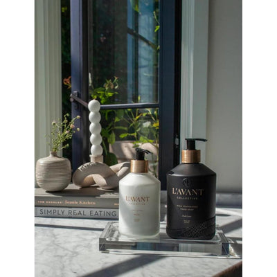 L'AVANT Collective Deluxe Hand Soap & Lotion Bundle with Luxurious Lucite Tray – Hydrating Shea Butter, Softening Hand Wash in Reusable Glass Bottles - Fresh Linen Scent Kitchen Hostess Gifts