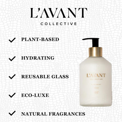 L'AVANT Collective Luxury Hand Lotion & Refill Bundle Fresh Linen | High Performing with Aloe Leaf Juice Notes of Bamboo, Ylang Ylang, Jasmine, Geranium, Sage Reusable Glass Bottle Home Decor Gifts