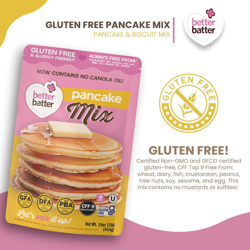 Better Batter Pancake Mix | Certified Kosher, Vegan & Gluten Free Mix for Baking Top 8 Allergen-Free Perfect for Fluffy Pancakes! Just Add Water, Eggs & Butter Hostess Kitchen Cooking Gifts 1LB Pouch