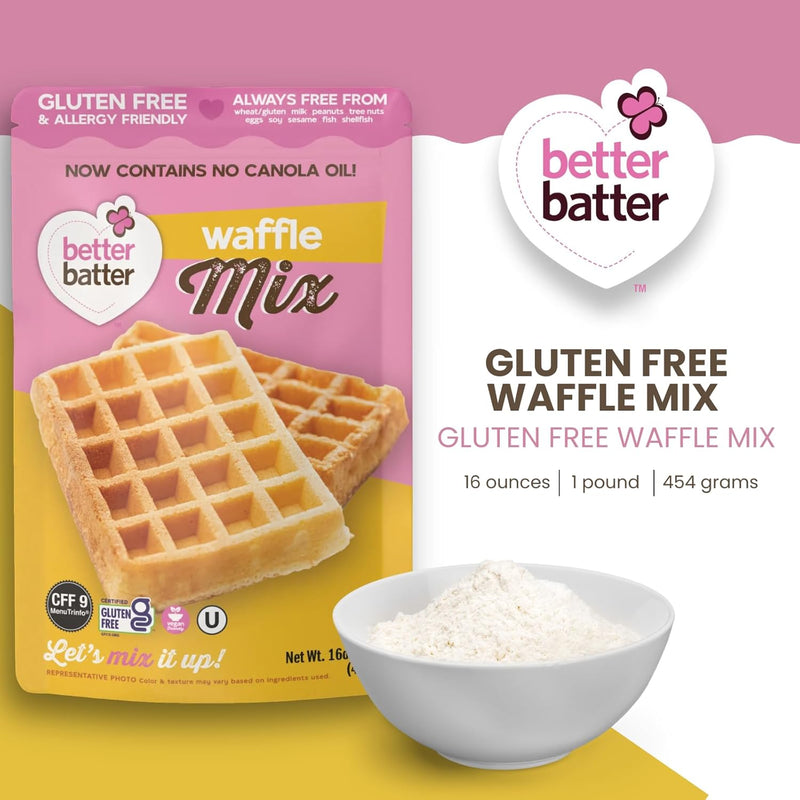 Better Batter Waffle Mix | Certified Kosher, Vegan & Gluten Free Mix for Baking Top 8 Allergen-Free Perfect for Fluffy Waffles! Just Add Water, Eggs & Butter Hostess Kitchen Cooking Gifts 1LB Pouch