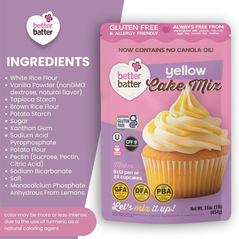 Better Batter Yellow Cake Mix | Certified Kosher, Vegan & Gluten Free Mix for Baking Top 8 Allergen-Free Perfect for Cakes & Cupcakes! Just Add Water, Oil & Eggs Hostess Kitchen Cooking Gifts 1LB Pouch