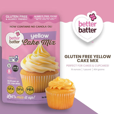 Better Batter Yellow Cake Mix | Certified Kosher, Vegan & Gluten Free Mix for Baking Top 8 Allergen-Free Perfect for Cakes & Cupcakes! Just Add Water, Oil & Eggs Hostess Kitchen Cooking Gifts 1LB Pouch