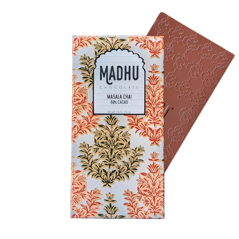 Madhu Chocolate Bar Award Winning Nutritious, Gluten, Soy Free | Handcrafted Indian Inspired Cacao Chocolate Bar Gourmet Dessert Gifts | Artisanal Snacks 2.6oz (Masala Chai - 60% Cacao)