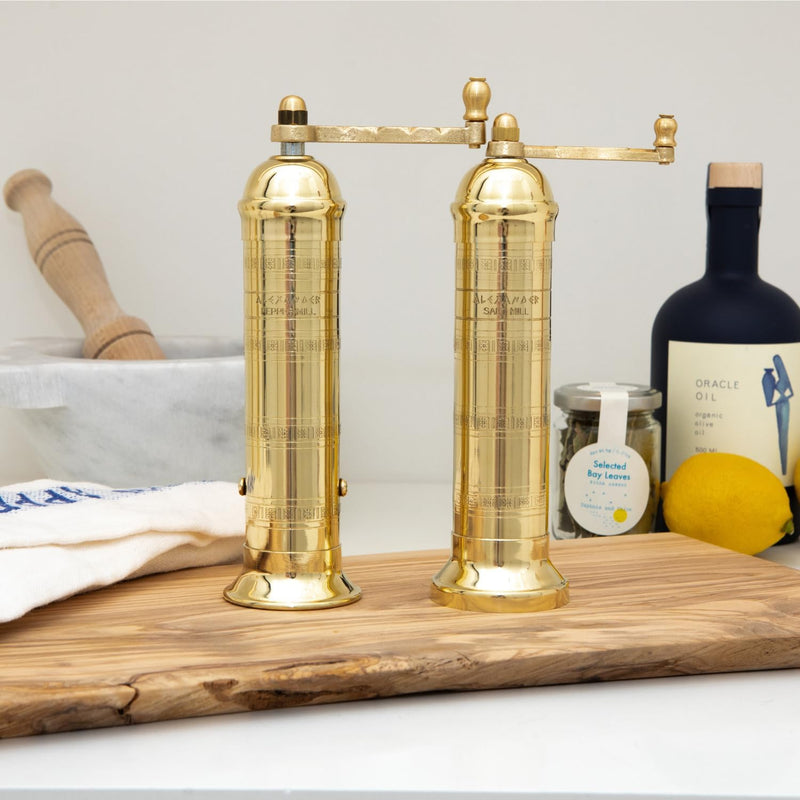 The Original Greek Pepper Mill 8 Inch Tall | European Pepper Mill Grinder with Crank Handle | Manual Pepper Grinder | Peppercorns Refillable - Brass