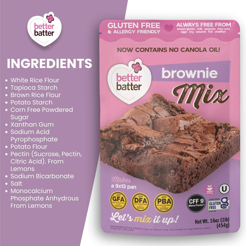 Better Batter Fudge Brownie Mix | Certified Kosher, Vegan & Gluten Free Mix for Baking Top 8 Allergen-Free Perfect for Fudgy Brownies! Add Water, Oil & Eggs Hostess Kitchen Cooking Gifts 1LB Pouch