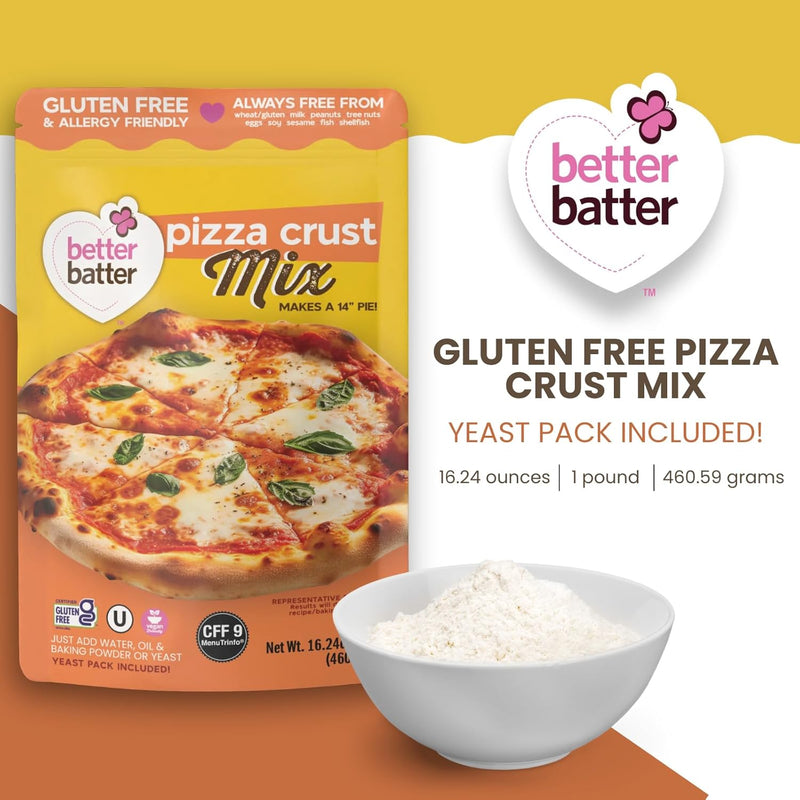 Better Batter Pizza Crust Mix | Certified Kosher, Vegan & Gluten Free Mix for Baking Top 8 Allergen-Free Perfect for 14" Pizzas! Just Add Water, Oil & Yeast Hostess Kitchen Cooking Gifts 1LB Pouch