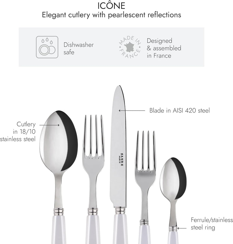 5-Piece Flatware Set - Icône Collection - Knife, Fork, Soup Spoon, Teaspoon & Dessert Fork - Stainless Steel & Acrylic - Dishwasher Safe - White