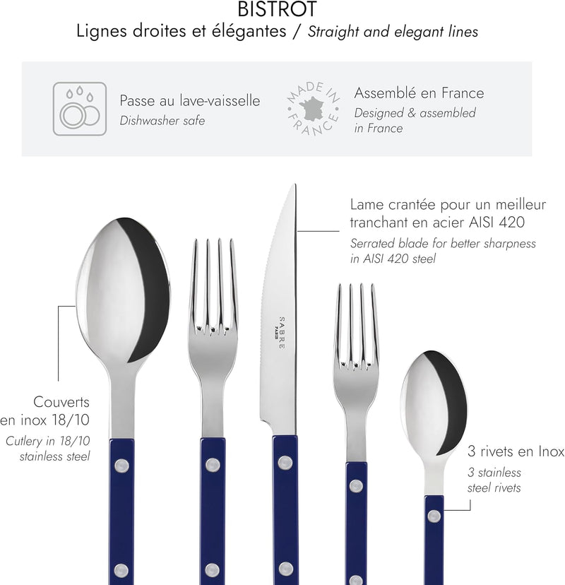 5-Piece Flatware Set - Bistrot Collection - Knife, Fork, Soup Spoon, Teaspoon & Dessert Fork - Stainless Steel & Nylon - Dishwasher Safe - Navy Blue - Brilliant Finish