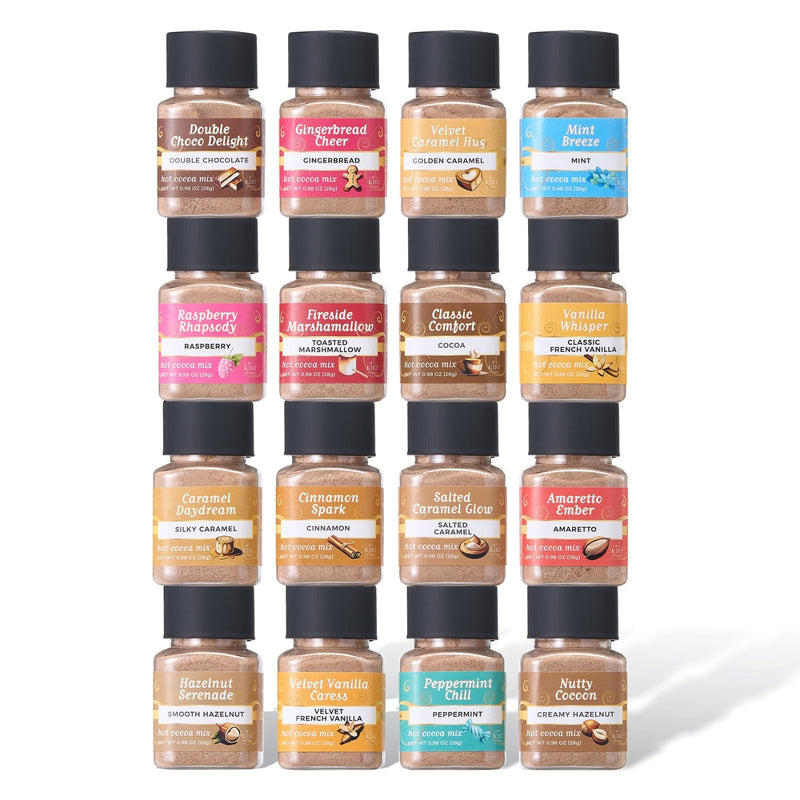 Hot Chocolate Mix Gift Set – 16 Mini Bottle Cocoa Sampler with Assorted Gourmet Flavors Including Caramel, Vanilla, Double Cocoa, Peppermint Swirl, Toasted Marshmallow & More, Winter Beverage Gift Box