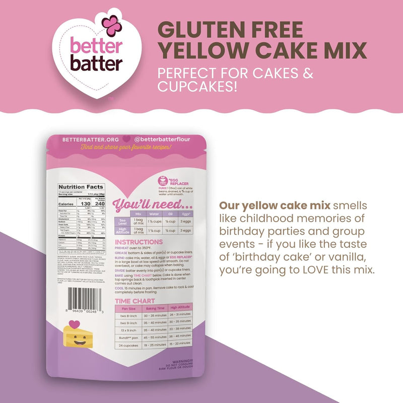 Better Batter Yellow Cake Mix | Certified Kosher, Vegan & Gluten Free Mix for Baking Top 8 Allergen-Free Perfect for Cakes & Cupcakes! Just Add Water, Oil & Eggs Hostess Kitchen Cooking Gifts 1LB Pouch