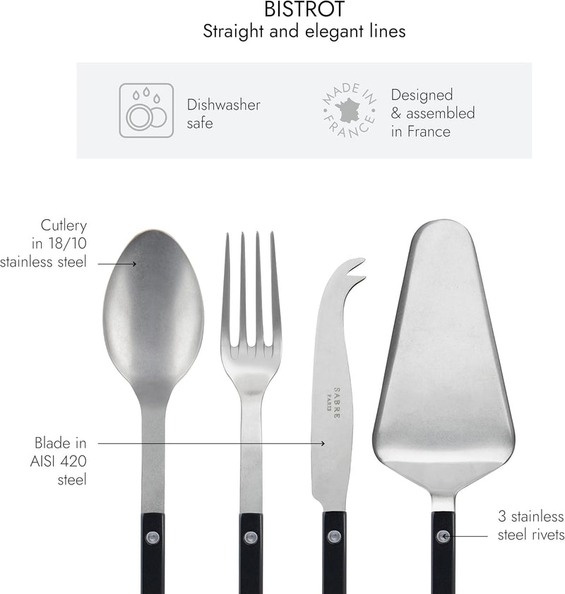 4-Piece Serving Set - Bistrot Vintage Collection - 2 Serving Flatware, Serrated Pie Server, Large Cheese Knife - Stainless Steel & Nylon - Dishwasher Safe - Black - Mat Finish