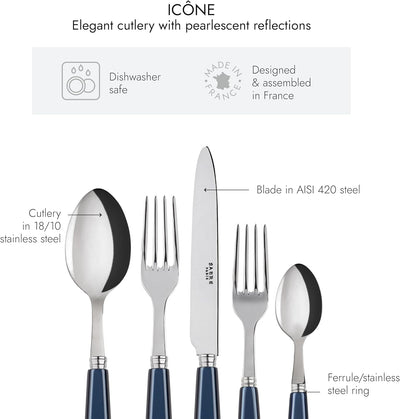 5-Piece Flatware Set - Icône Collection - Knife, Fork, Soup Spoon, Teaspoon & Dessert Fork - Stainless Steel & Acrylic - Dishwasher Safe - Midnight Blue