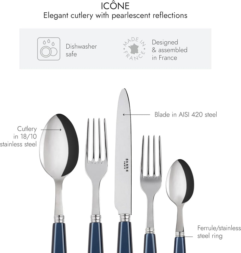 5-Piece Flatware Set - Icône Collection - Knife, Fork, Soup Spoon, Teaspoon & Dessert Fork - Stainless Steel & Acrylic - Dishwasher Safe - Midnight Blue