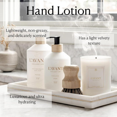 L'AVANT Collective Luxury Hand Lotion & Refill Bundle Fresh Linen | High Performing with Aloe Leaf Juice Notes of Bamboo, Ylang Ylang, Jasmine, Geranium, Sage Reusable Glass Bottle Home Decor Gifts