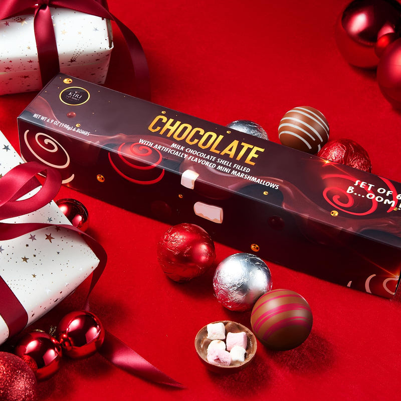 Hot Chocolate Bom Marshmallow Balls - Set of 6-2 Flavors White & Red Swirl Design Caramel & Fudge Brownie Candy Chocolates - Delicious Cocoa Melts Filled Marshmallows - Gift Melting Delicious Gifts