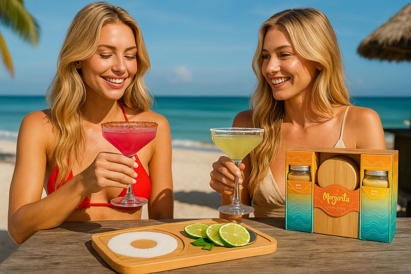 2-Pack Premium Margarita & Cocktail Flavored Salt Rimmers + Glasses & Wooden Rimmer Board, Variety Set 3.5oz - Chili & Original Drop Sugar, Salets, No Silicon Dioxide, Kiri & Sons