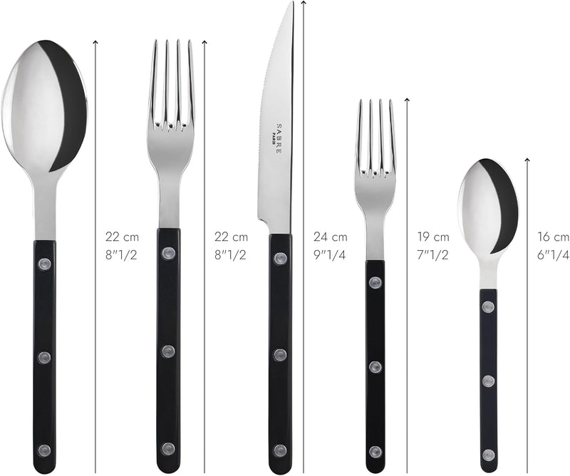 5-Piece Flatware Set - Bistrot Collection - Knife, Fork, Soup Spoon, Teaspoon & Dessert Fork - Stainless Steel & Nylon - Dishwasher Safe - Black - Brilliant Finish