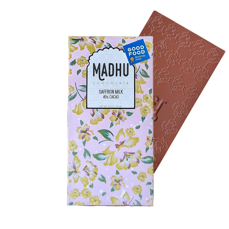 Madhu Chocolate Bar Award Winning Nutritious, Gluten, Soy Free | Handcrafted Indian Inspired Cacao Chocolate Bar Gourmet Dessert Gifts | Artisanal Snacks 2.6oz (Saffron Milk - 45% Cacao)