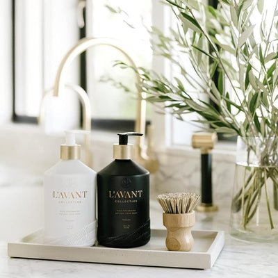 L'AVANT Collective Luxury Sink-Side Starter Bundle Includes Lucite Vanity Tray, Hand & Dish Soap, Hand Lotion in Reusable Glass Bottles & Bamboo Dish Scrubber Kitchen Hostess Gifts (Fresh Linen)