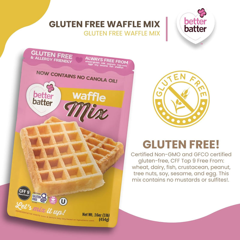 Better Batter Waffle Mix | Certified Kosher, Vegan & Gluten Free Mix for Baking Top 8 Allergen-Free Perfect for Fluffy Waffles! Just Add Water, Eggs & Butter Hostess Kitchen Cooking Gifts 1LB Pouch