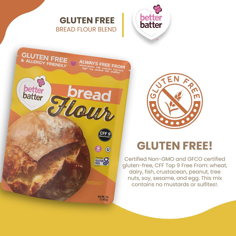 Better Batter Bread Flour | Certified Kosher & Gluten Free Flour for Baking Top 8 Allergen-Free Perfect for Yeast Bread Recipes & Pie Crusts! Knead, Cold Proof Hostess Kitchen Cooking Gifts 4LB Pouch