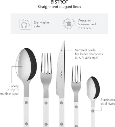 20-Piece Flatware Set for 4 - Bistrot Collection - Knife, Fork, Soup Spoon, Teaspoon & Dessert Fork - Stainless Steel & Nylon - Dishwasher Safe - White - Shiny Finish