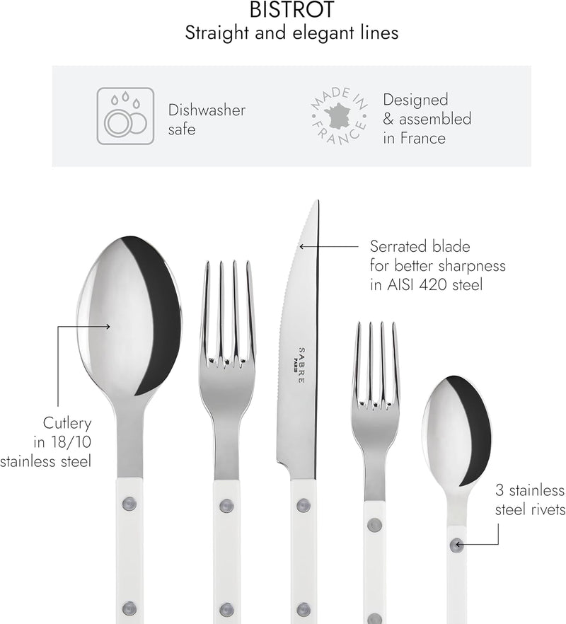 5-Piece Flatware Set - Bistrot Collection - Knife, Fork, Soup Spoon, Teaspoon & Dessert Fork - Stainless Steel & Nylon - Dishwasher Safe - White - Brilliant Finish