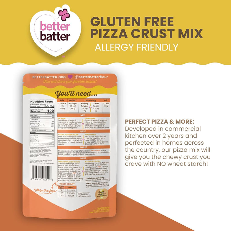 Better Batter Pizza Crust Mix | Certified Kosher, Vegan & Gluten Free Mix for Baking Top 8 Allergen-Free Perfect for 14" Pizzas! Just Add Water, Oil & Yeast Hostess Kitchen Cooking Gifts 1LB Pouch